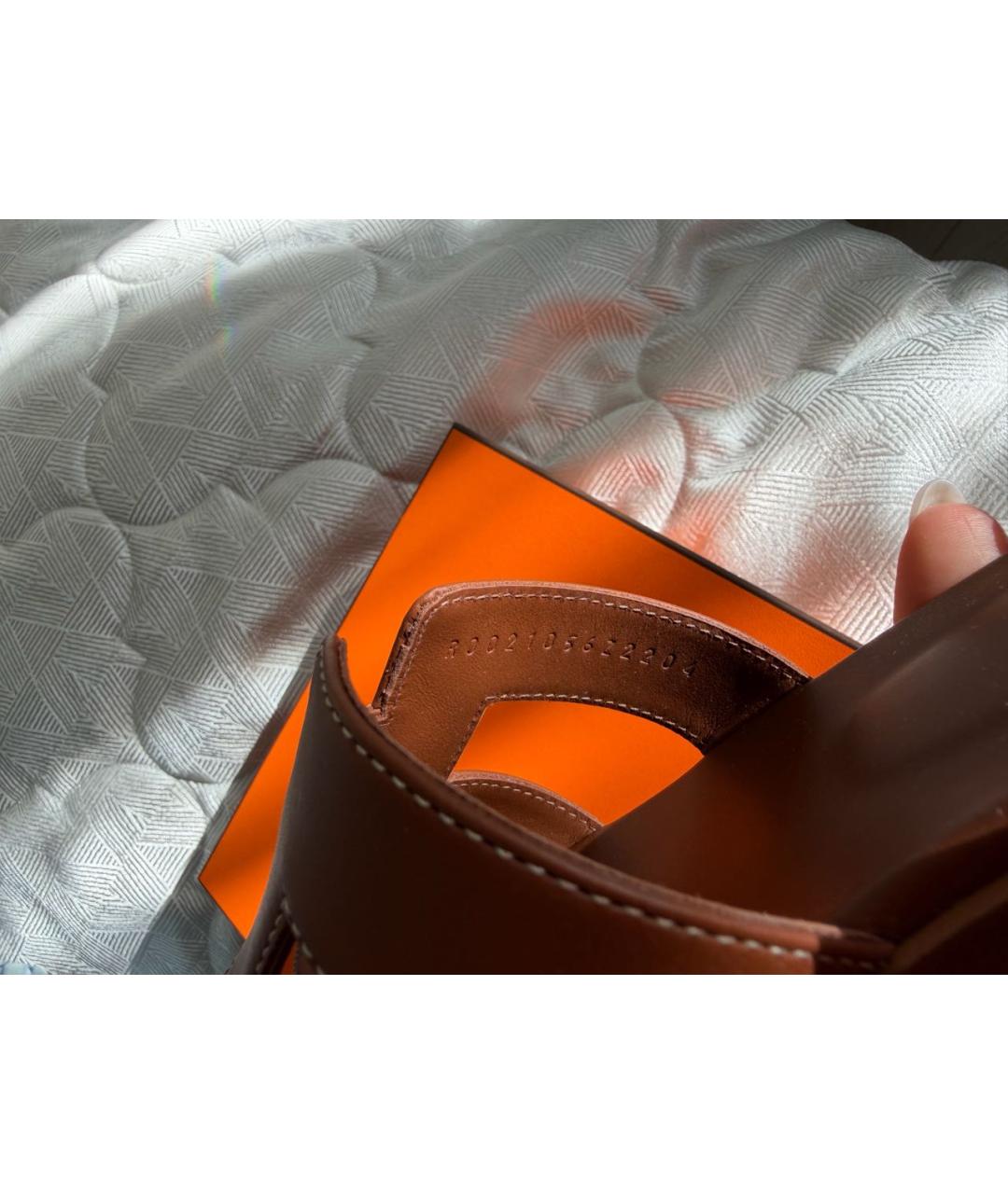 HERMES Коричневые кожаные шлепанцы, фото 6