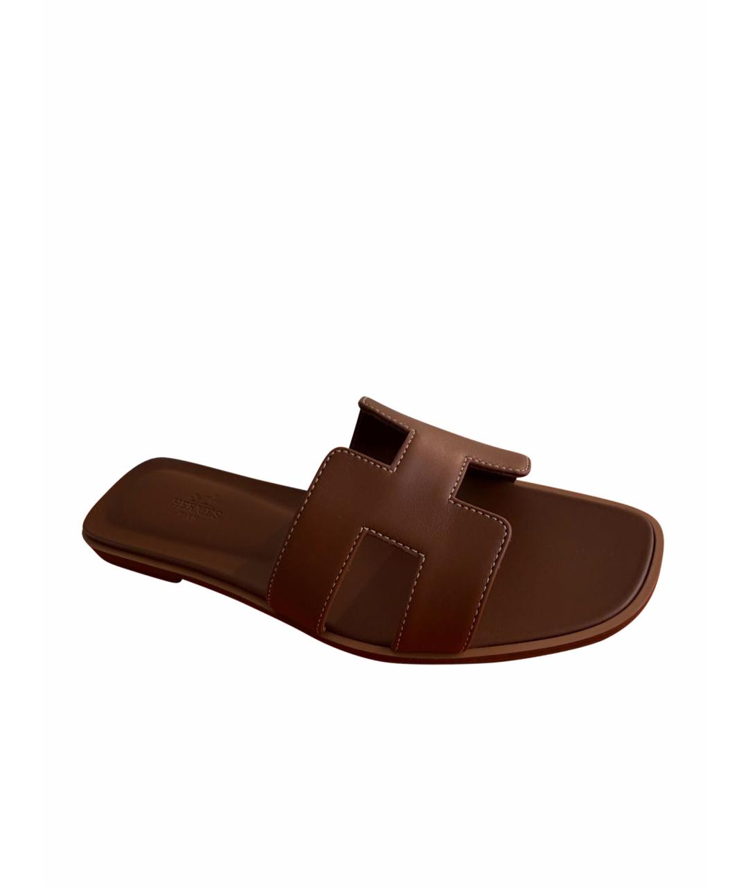 HERMES Коричневые кожаные шлепанцы, фото 8