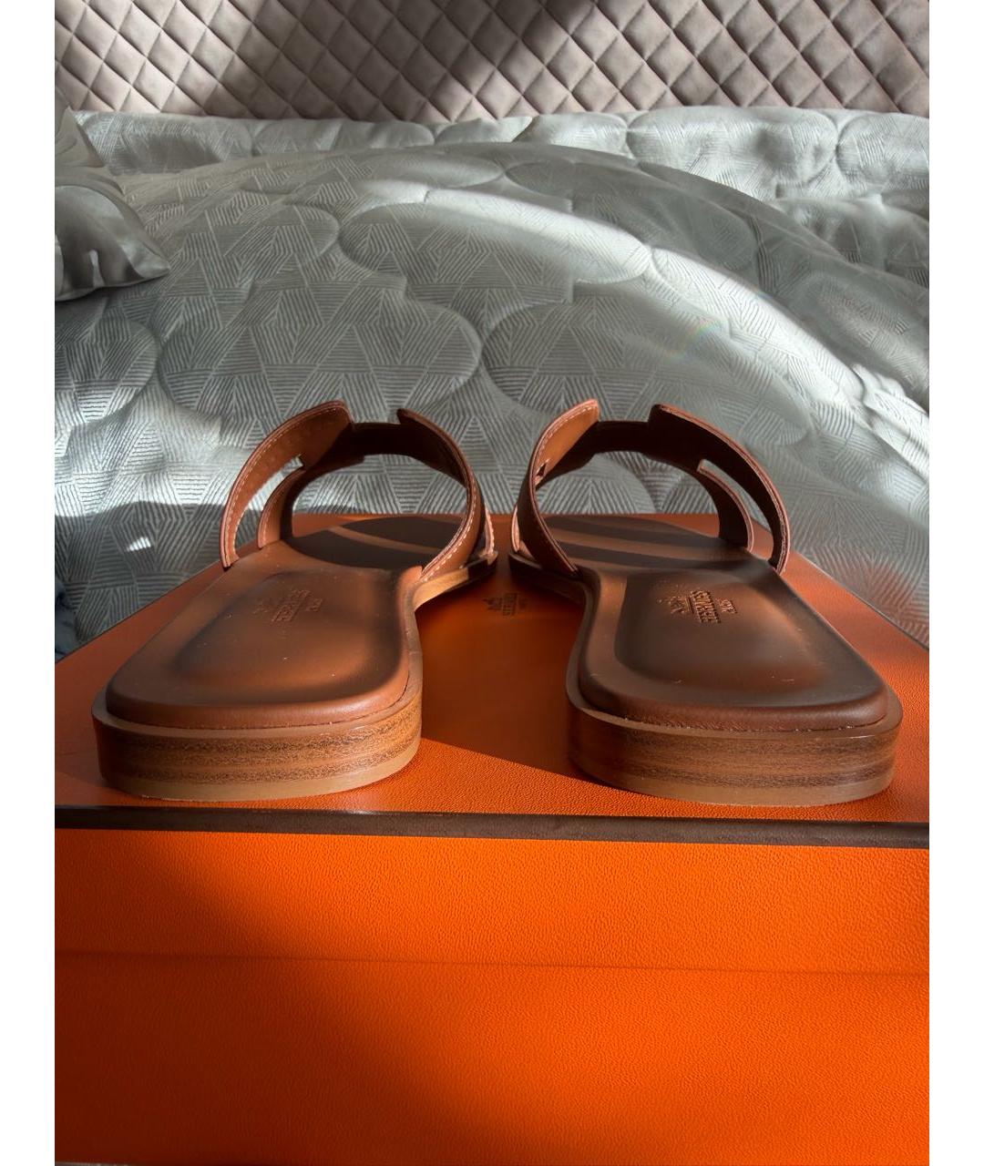 HERMES Коричневые кожаные шлепанцы, фото 4