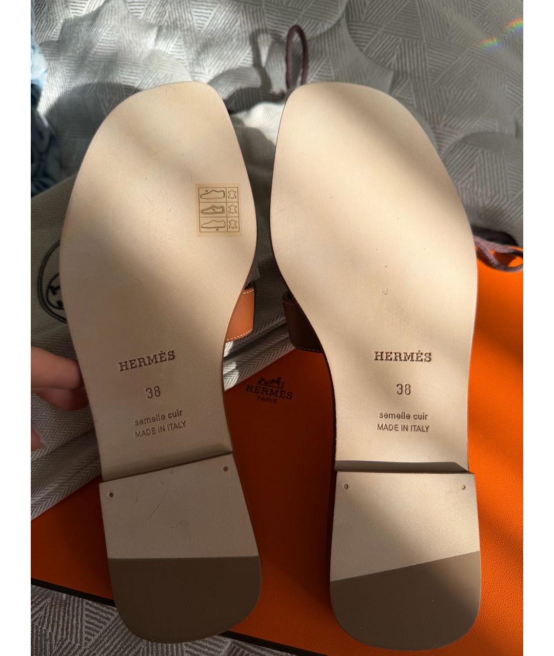 HERMES Коричневые кожаные шлепанцы, фото 7