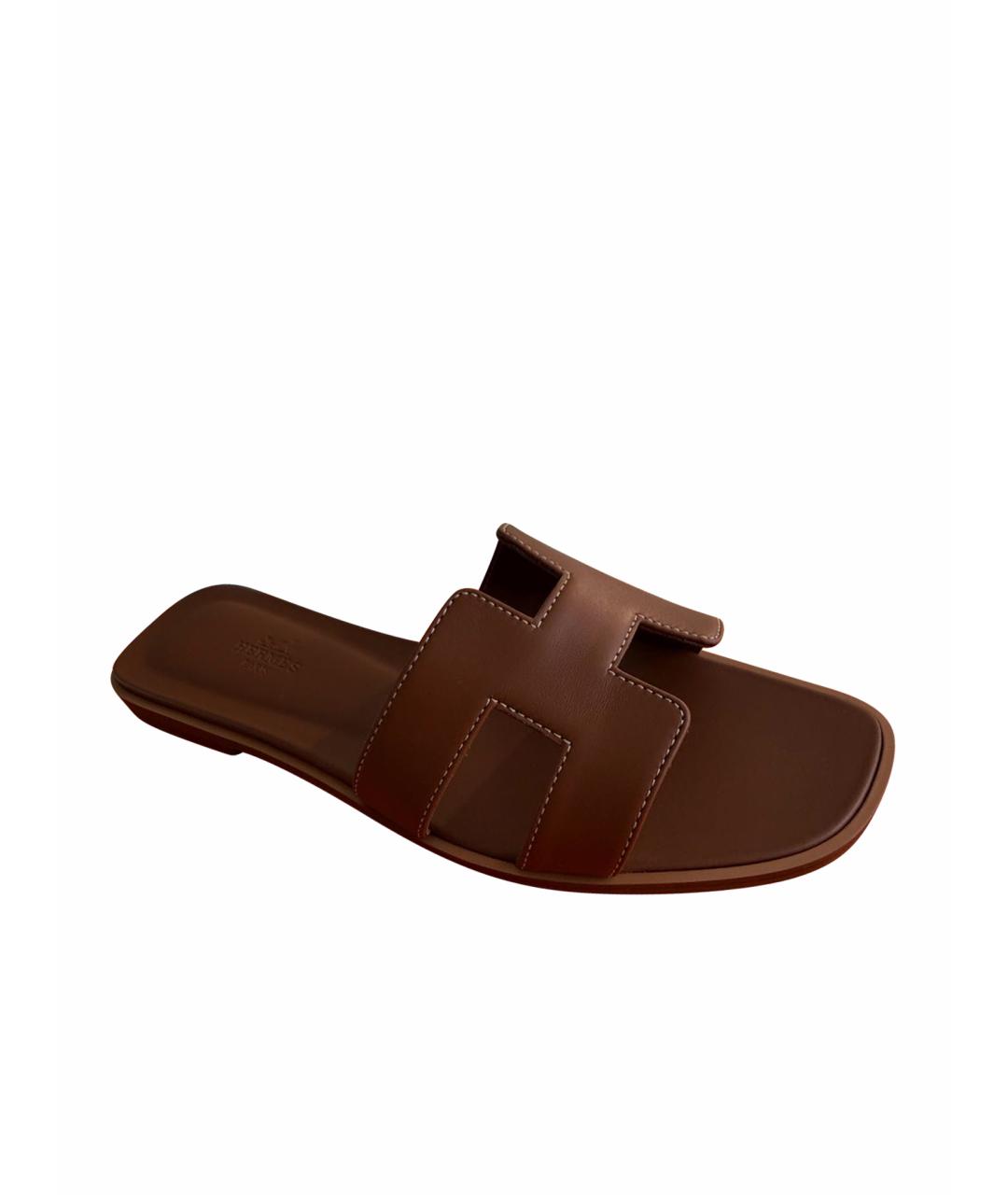HERMES Коричневые кожаные шлепанцы, фото 1