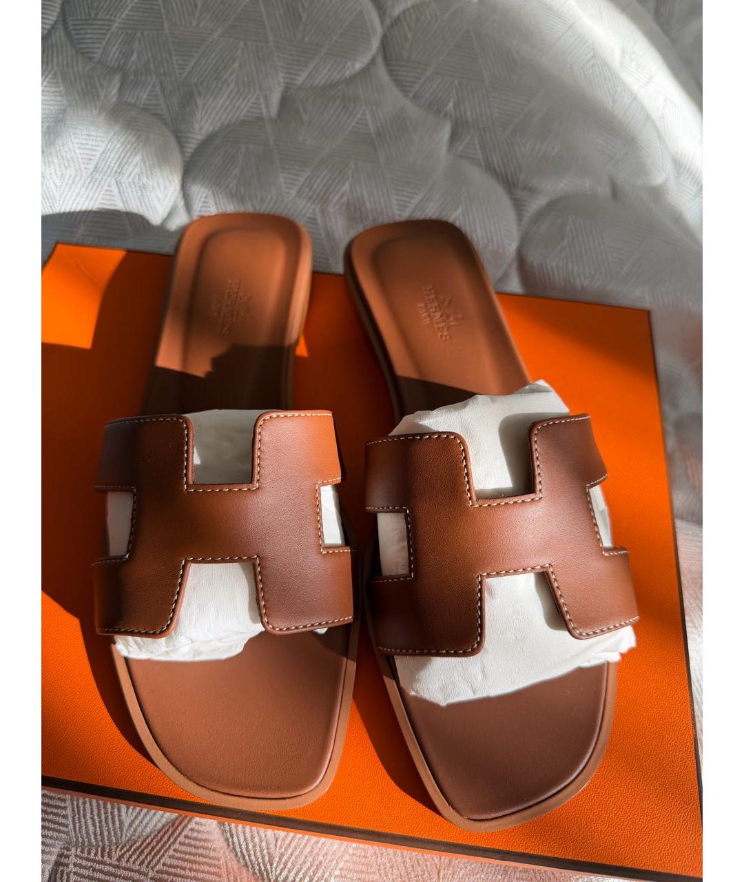 HERMES Коричневые кожаные шлепанцы, фото 2