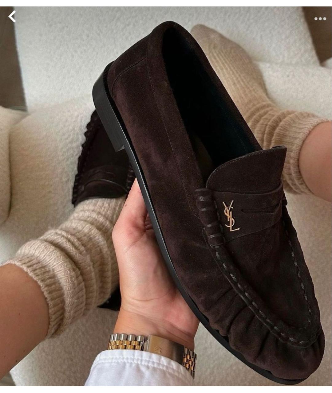 SAINT LAURENT Коричневые замшевые лоферы, фото 7
