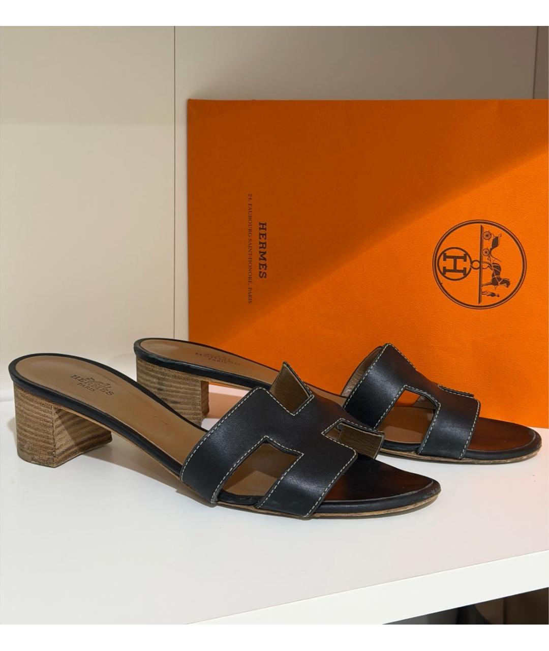 HERMES Черные кожаные мюли, фото 4