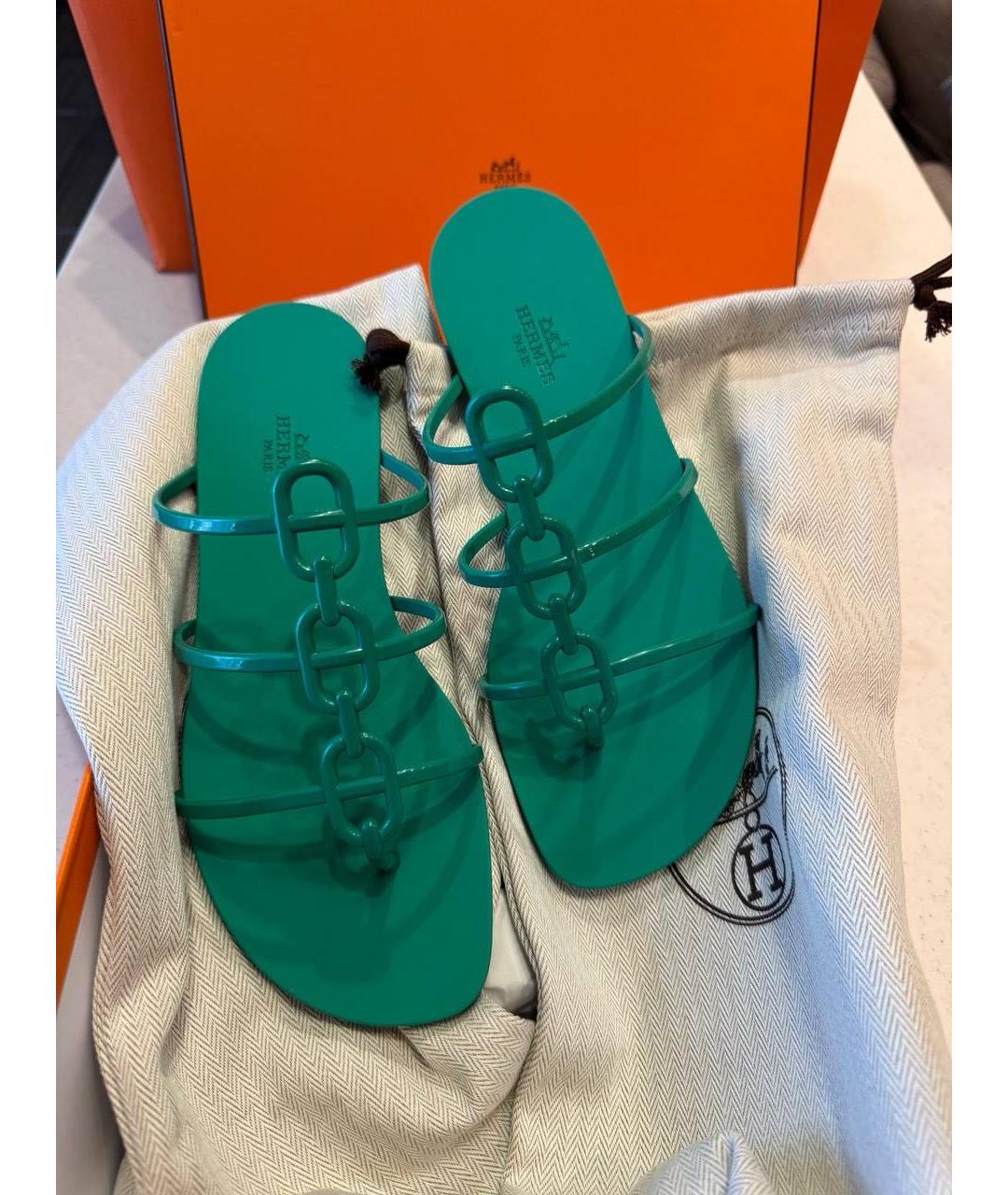 HERMES Бирюзовые резиновые шлепанцы, фото 2