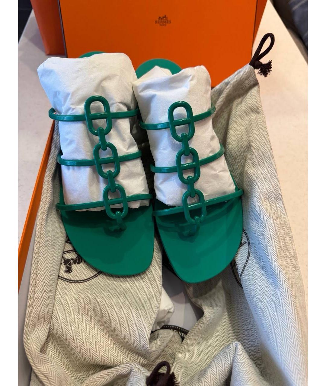 HERMES Бирюзовые резиновые шлепанцы, фото 4