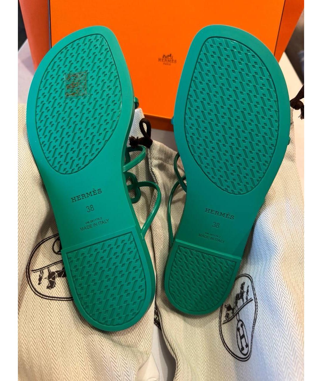 HERMES Бирюзовые резиновые шлепанцы, фото 5