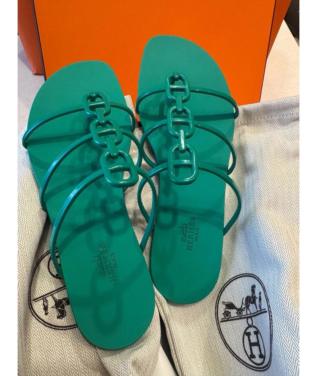 HERMES Бирюзовые резиновые шлепанцы, фото 6