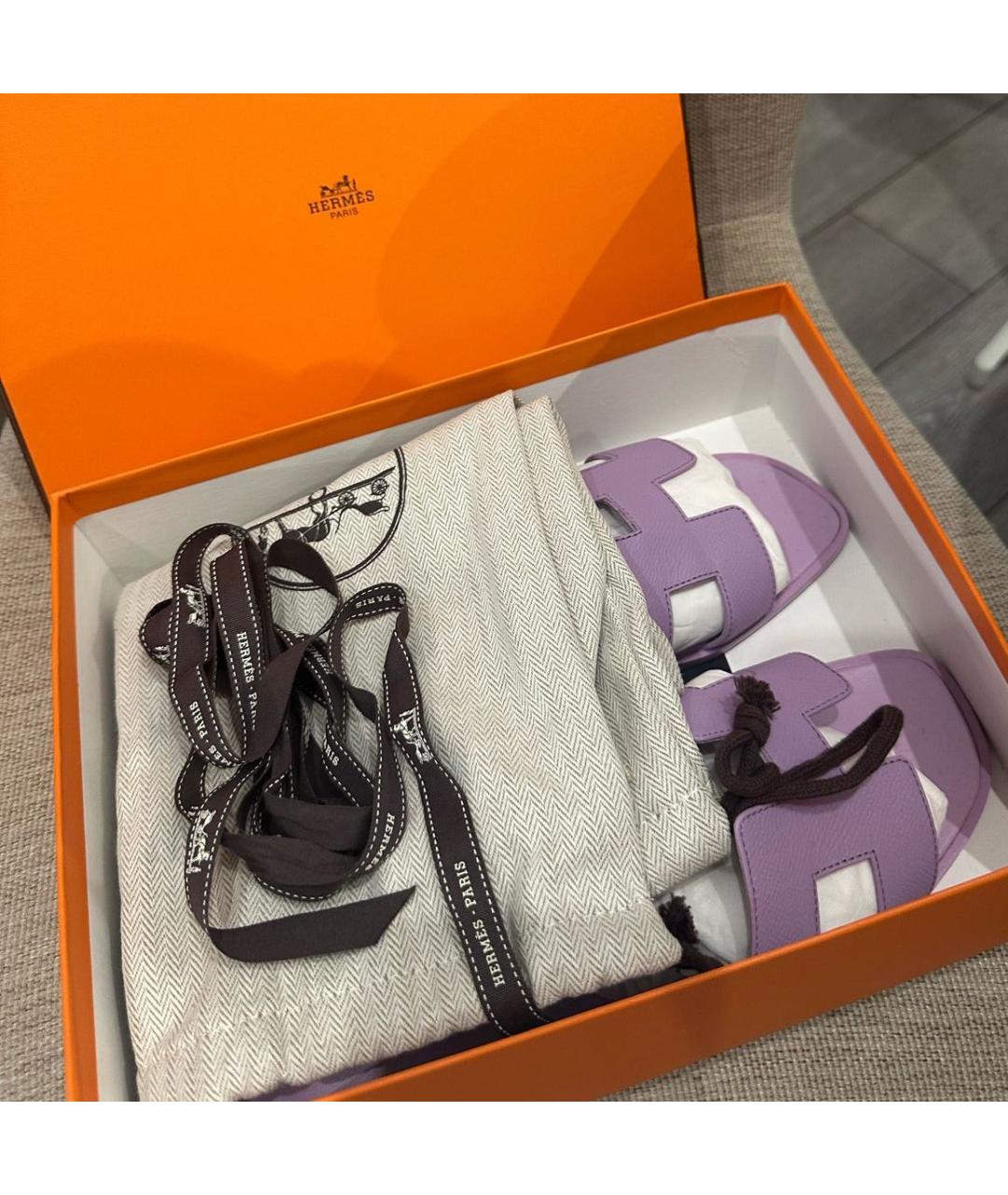 HERMES Фиолетовые кожаные шлепанцы, фото 7