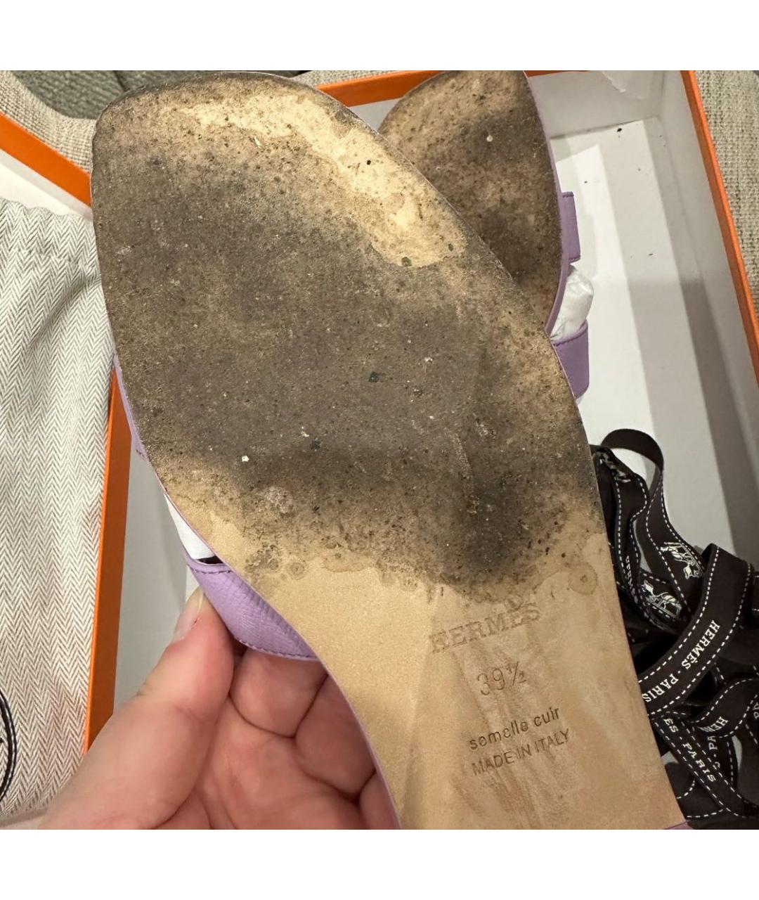 HERMES Фиолетовые кожаные шлепанцы, фото 8