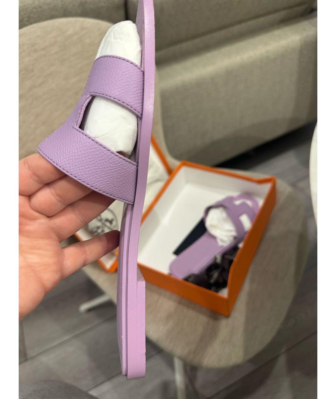 HERMES Фиолетовые кожаные шлепанцы, фото 6