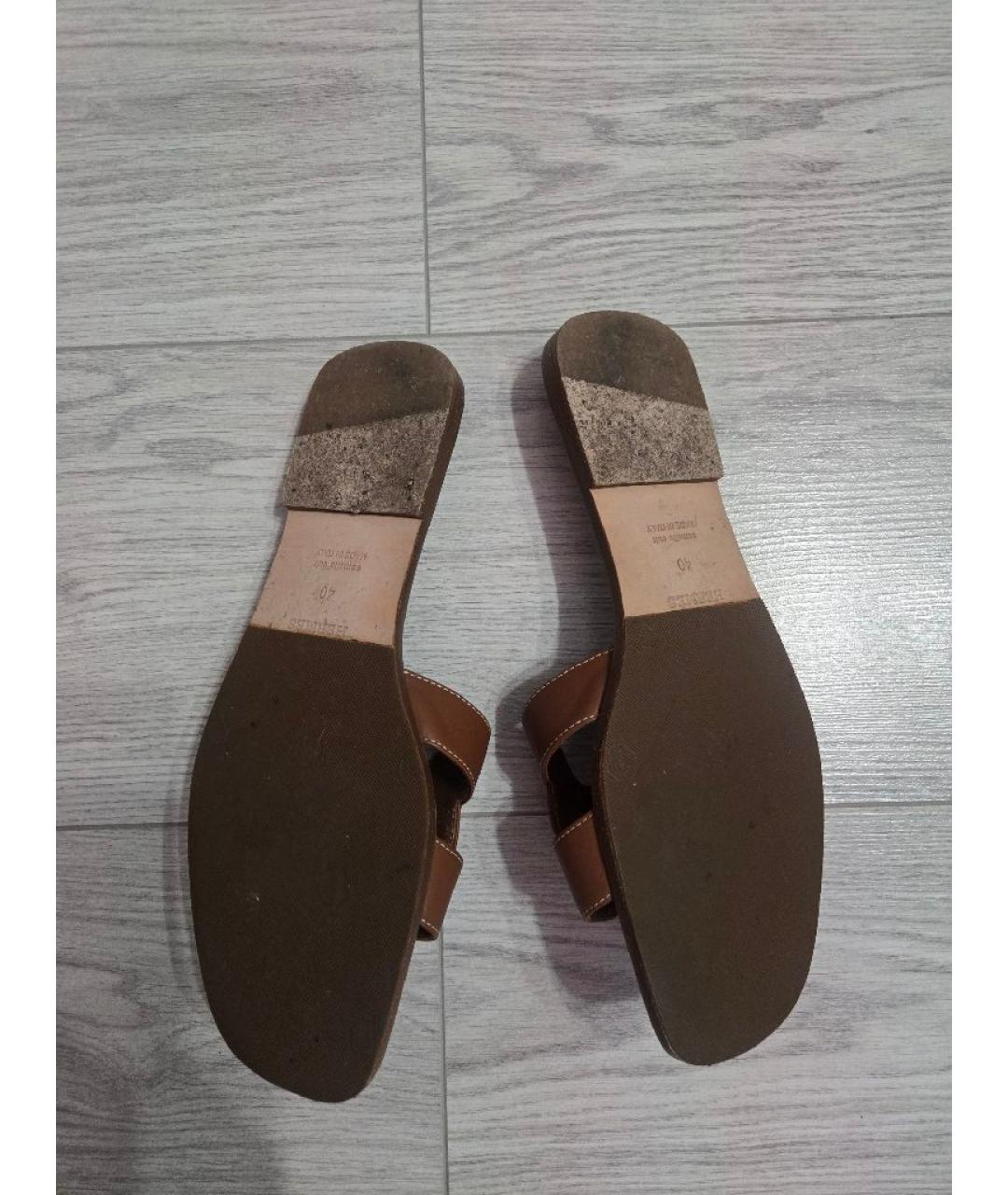HERMES Коричневые кожаные шлепанцы, фото 6