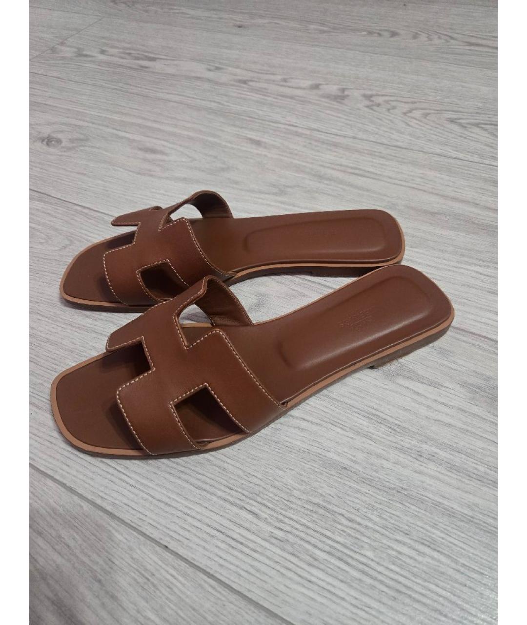 HERMES Коричневые кожаные шлепанцы, фото 3