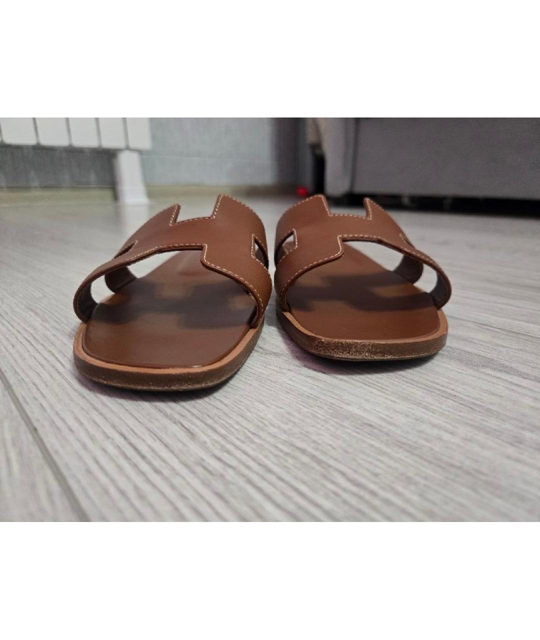 HERMES Коричневые кожаные шлепанцы, фото 5
