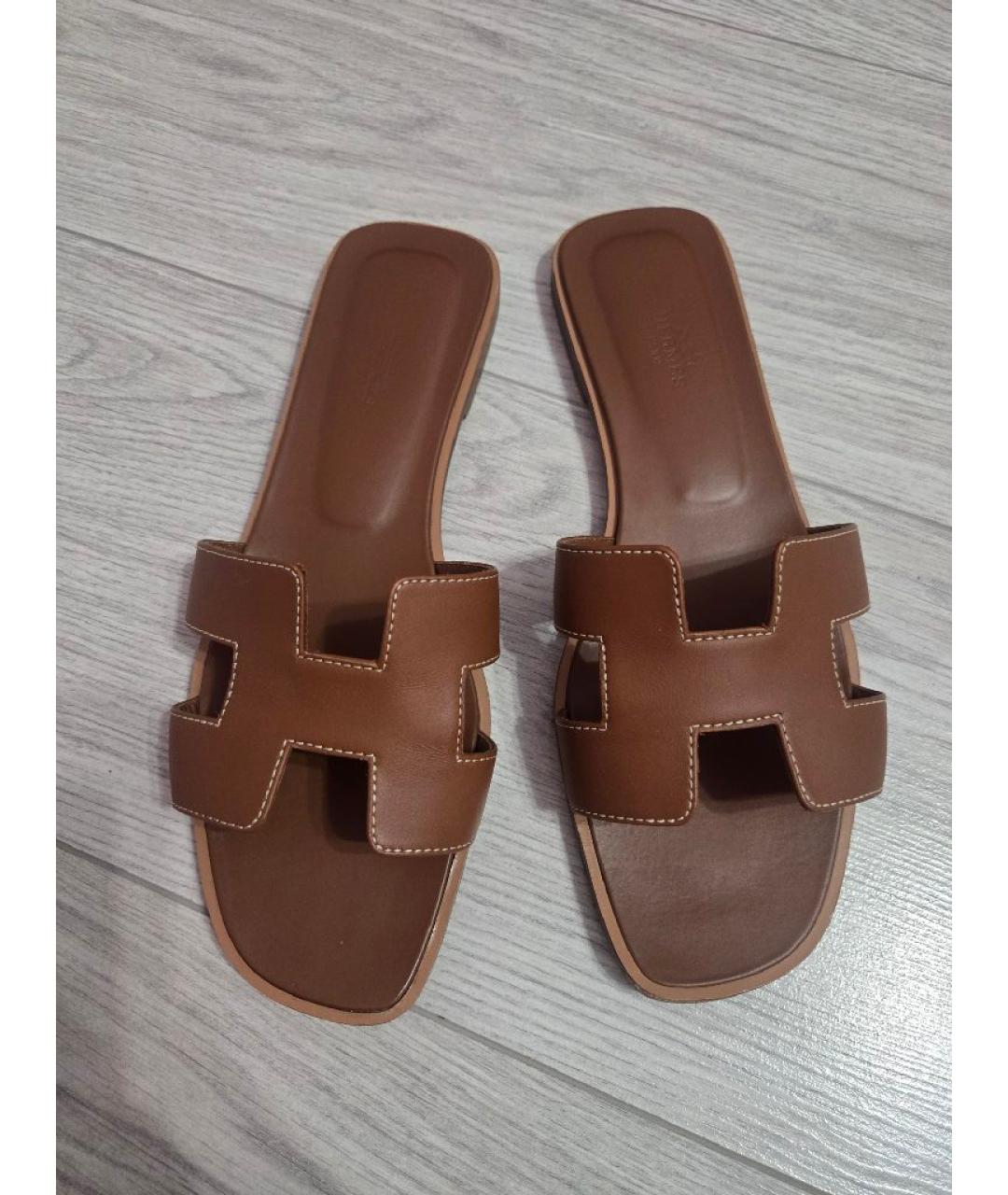 HERMES Коричневые кожаные шлепанцы, фото 2