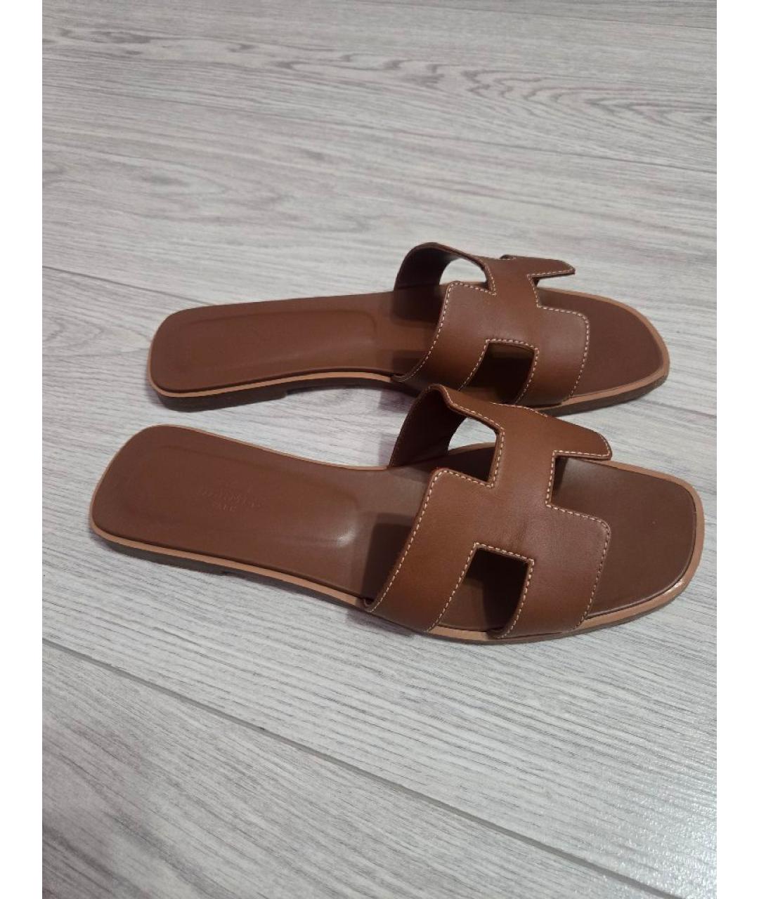 HERMES Коричневые кожаные шлепанцы, фото 4