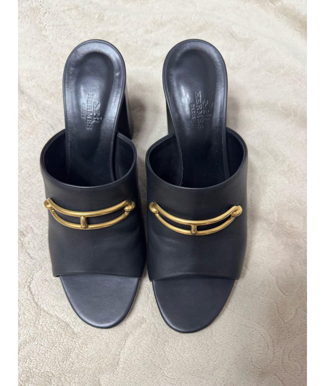HERMES Черные кожаные мюли, фото 2