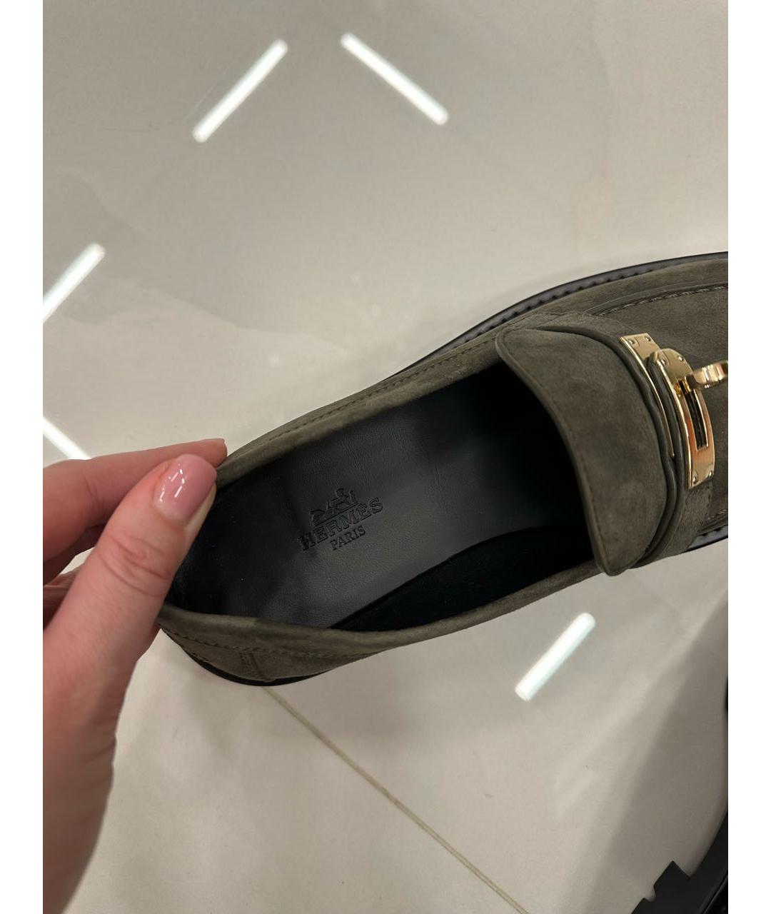 HERMES Хаки замшевые лоферы, фото 6