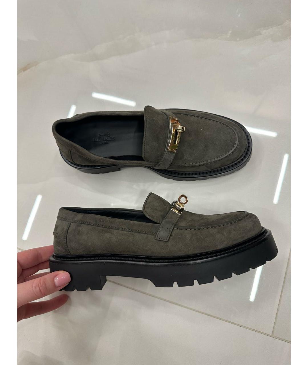 HERMES Хаки замшевые лоферы, фото 2