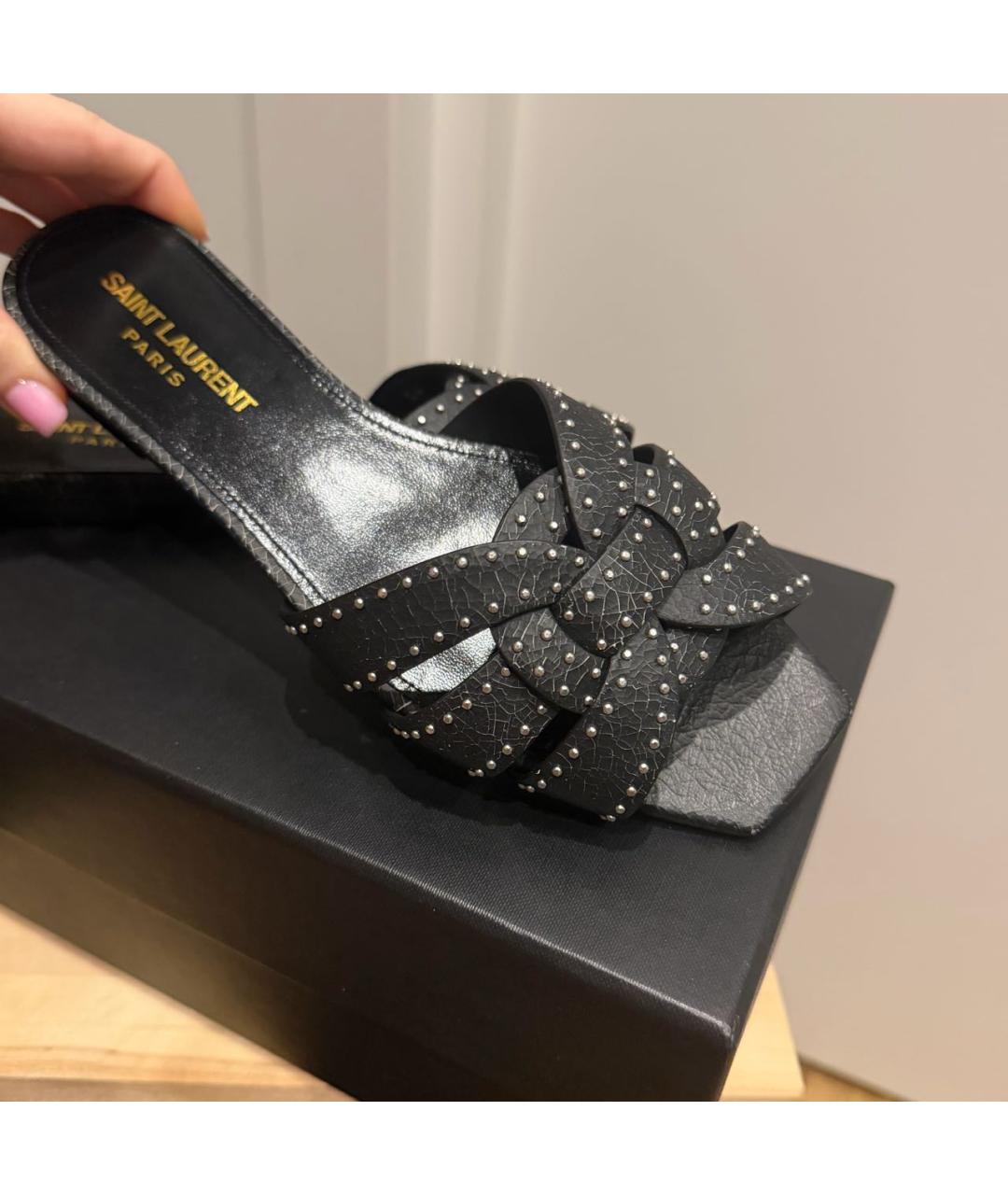SAINT LAURENT Черные кожаные шлепанцы, фото 7