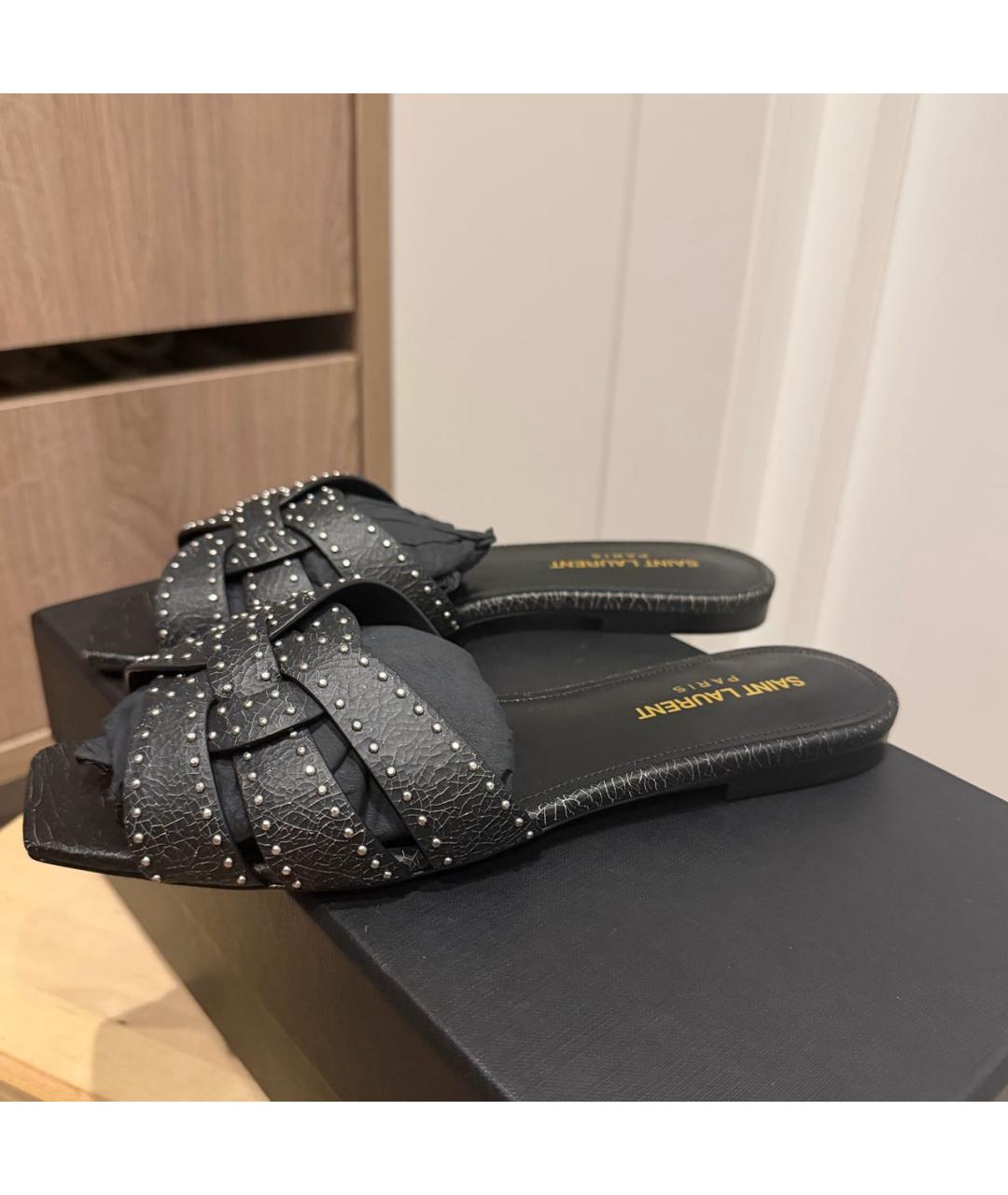 SAINT LAURENT Черные кожаные шлепанцы, фото 2