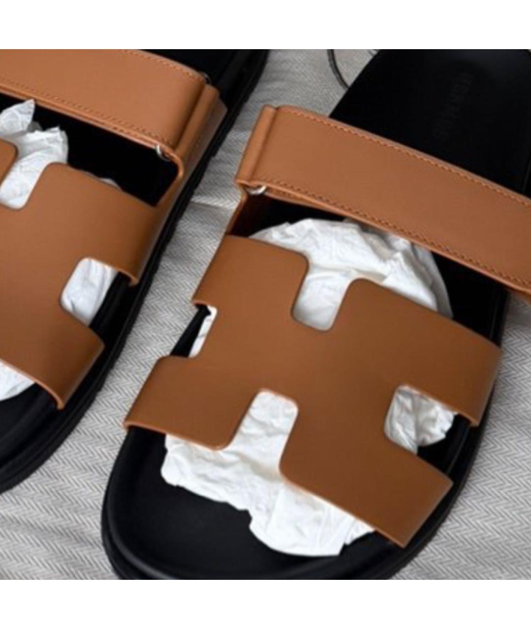 HERMES Коричневые кожаные шлепанцы, фото 2