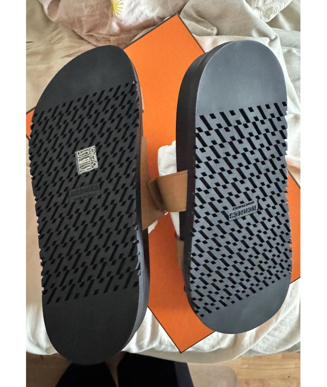 HERMES Коричневые кожаные шлепанцы, фото 7