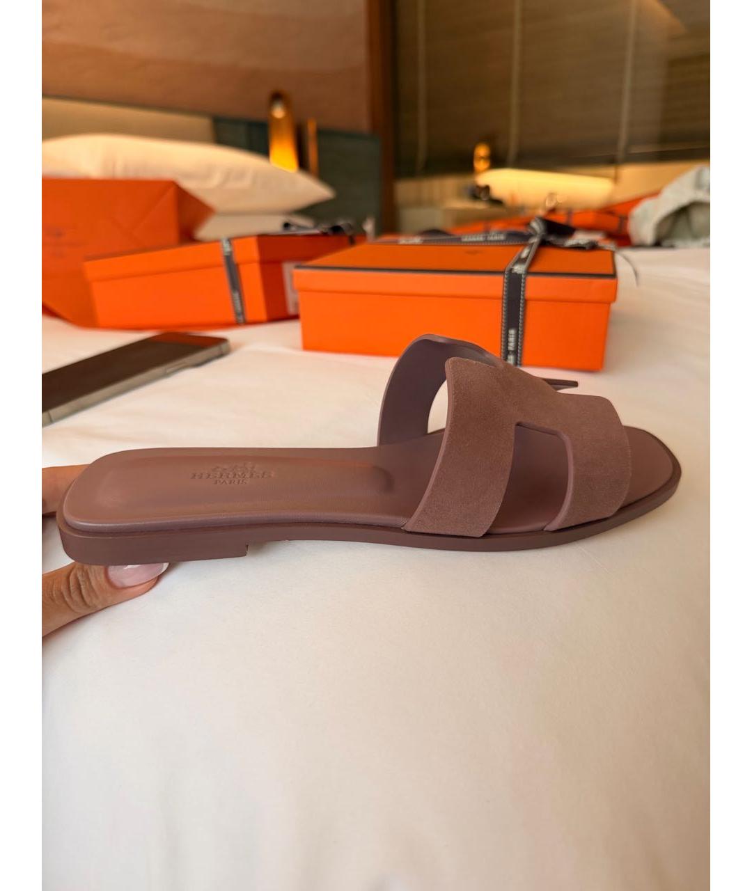 HERMES Розовые замшевые шлепанцы, фото 7