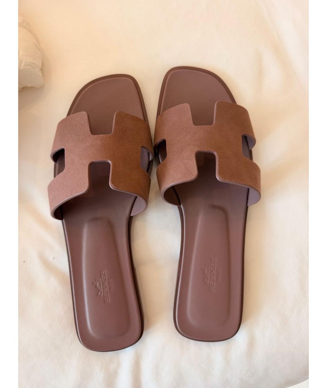 HERMES Розовые замшевые шлепанцы, фото 3