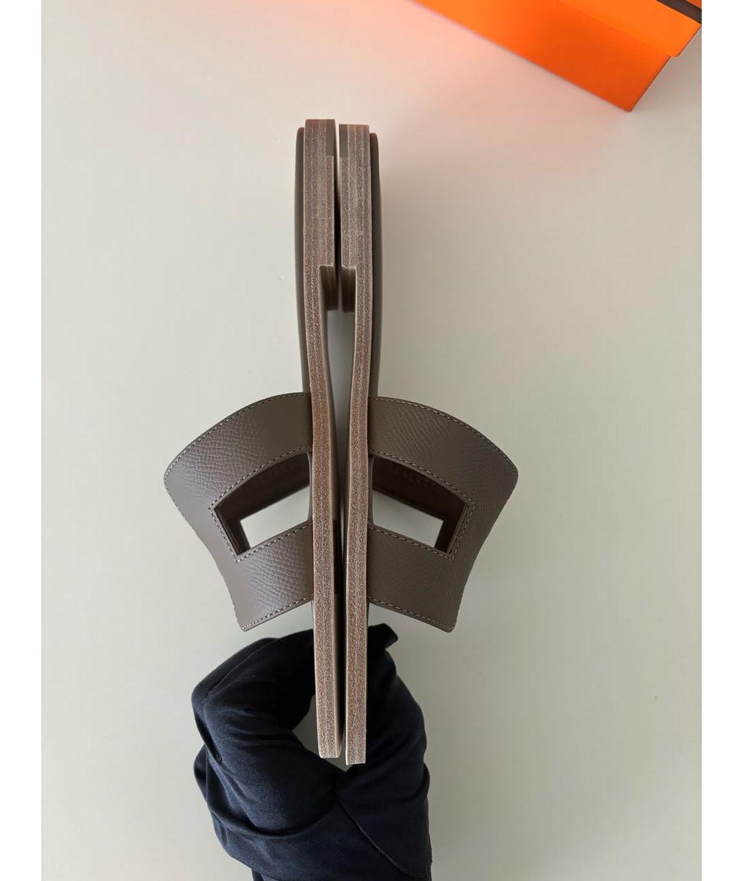 HERMES Хаки кожаные шлепанцы, фото 3