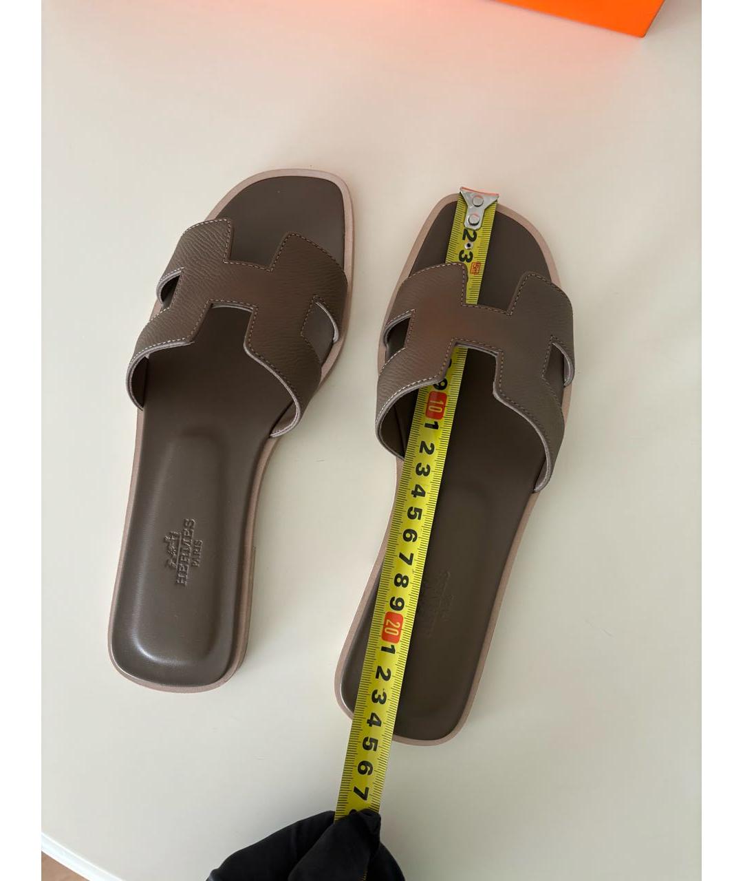 HERMES Хаки кожаные шлепанцы, фото 7