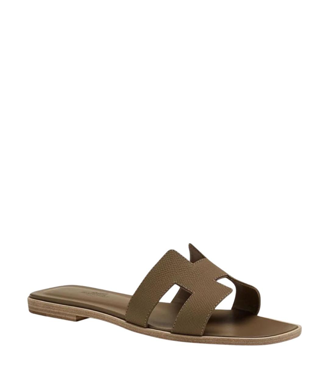 HERMES Хаки кожаные шлепанцы, фото 1