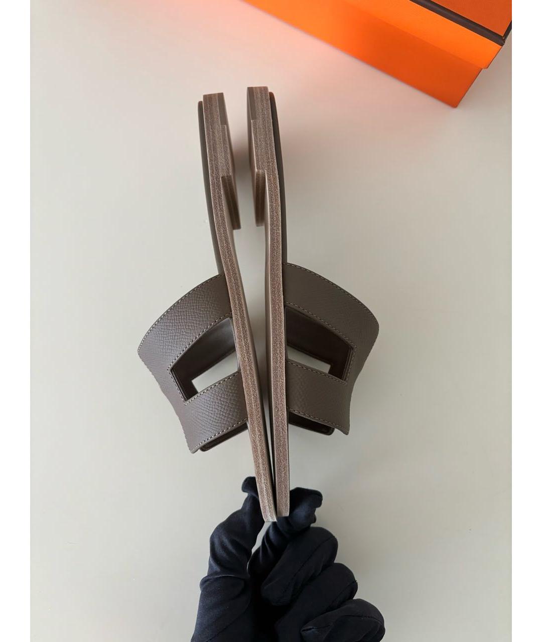 HERMES Хаки кожаные шлепанцы, фото 4