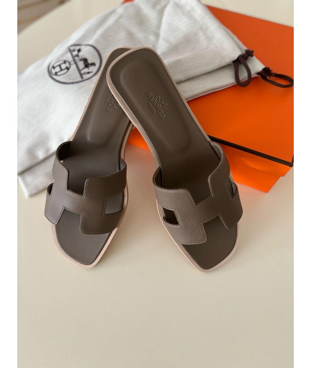 HERMES Хаки кожаные шлепанцы, фото 8
