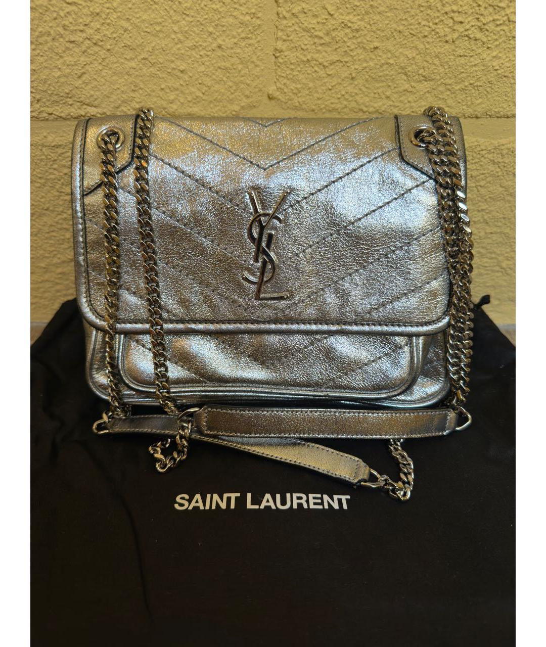 SAINT LAURENT Серебряная кожаная сумка через плечо, фото 5