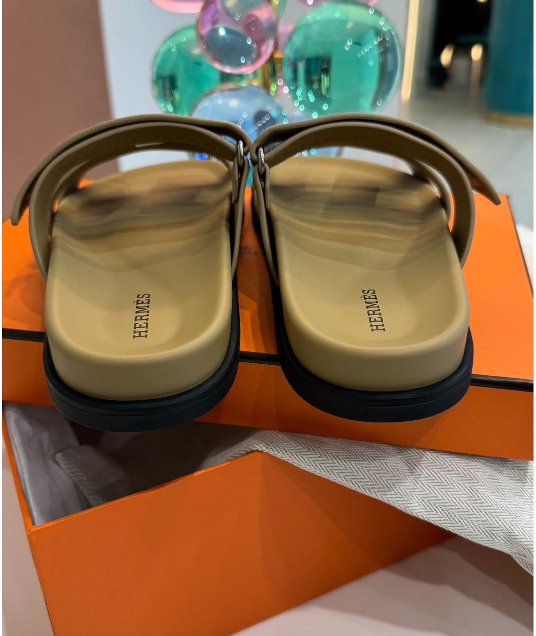 HERMES Бежевые замшевые шлепанцы, фото 5