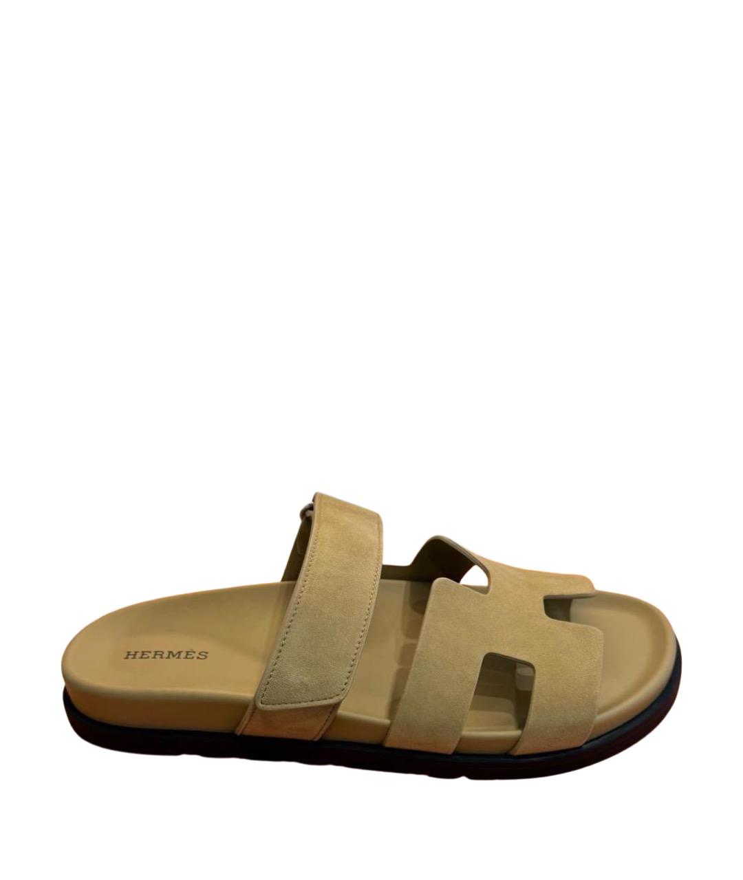 HERMES Бежевые замшевые шлепанцы, фото 1