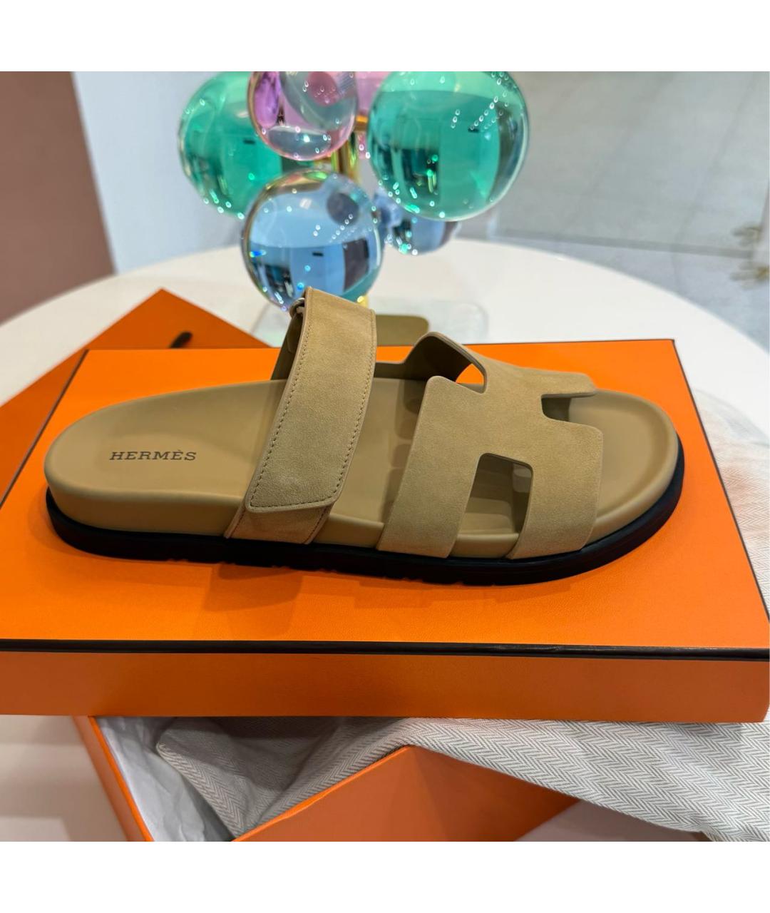 HERMES Бежевые замшевые шлепанцы, фото 8