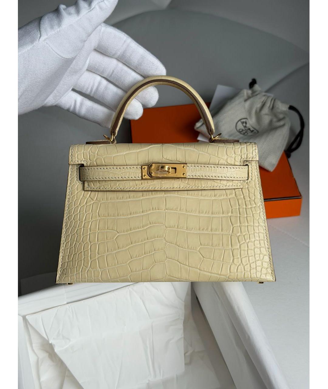 HERMES Бежевая сумка с короткими ручками из экзотической кожи, фото 2