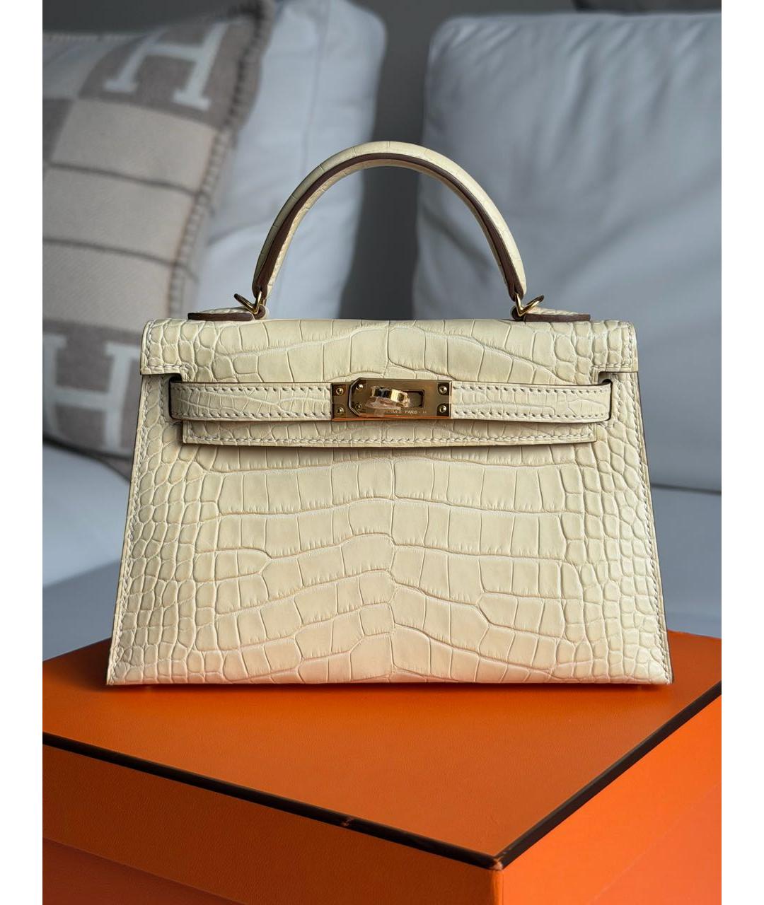 HERMES Бежевая сумка с короткими ручками из экзотической кожи, фото 6