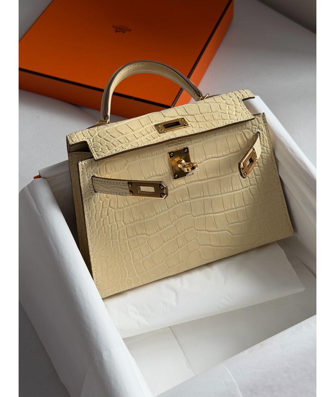 HERMES Бежевая сумка с короткими ручками из экзотической кожи, фото 5