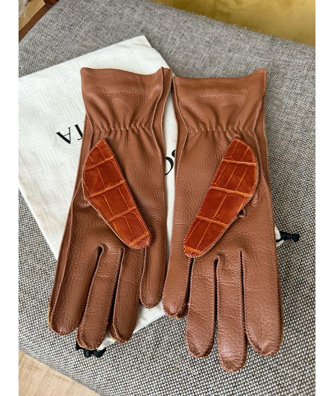 BOTTEGA VENETA Коричневые кожаные перчатки, фото 4
