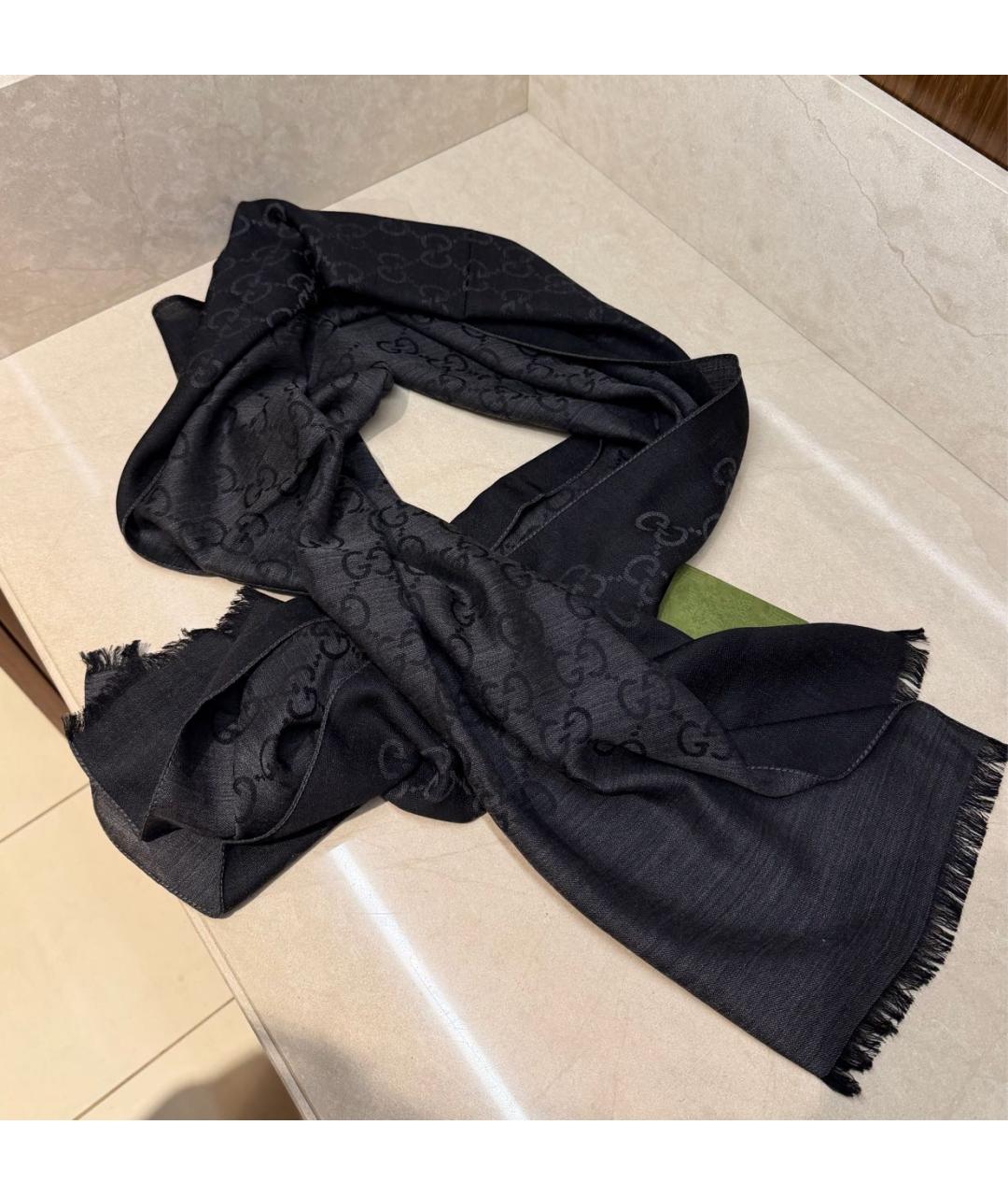 GUCCI Черный шерстяной шарф, фото 2