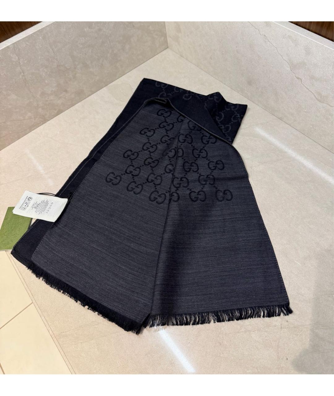 GUCCI Черный шерстяной шарф, фото 7