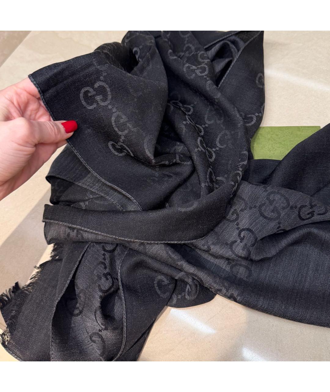 GUCCI Черный шерстяной шарф, фото 3