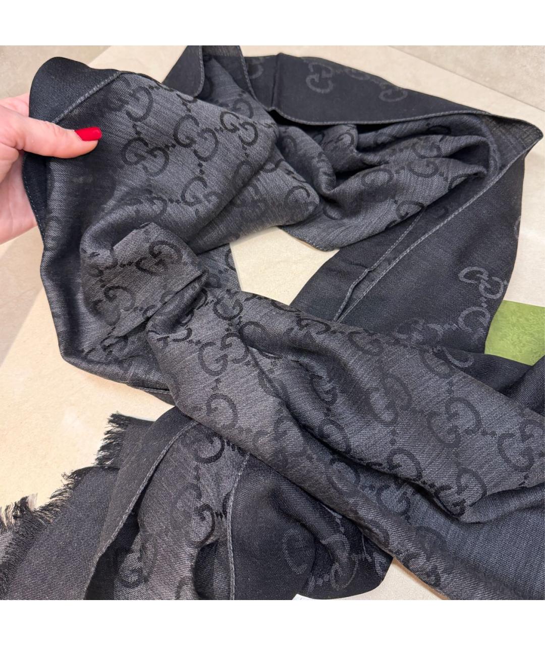 GUCCI Черный шерстяной шарф, фото 4