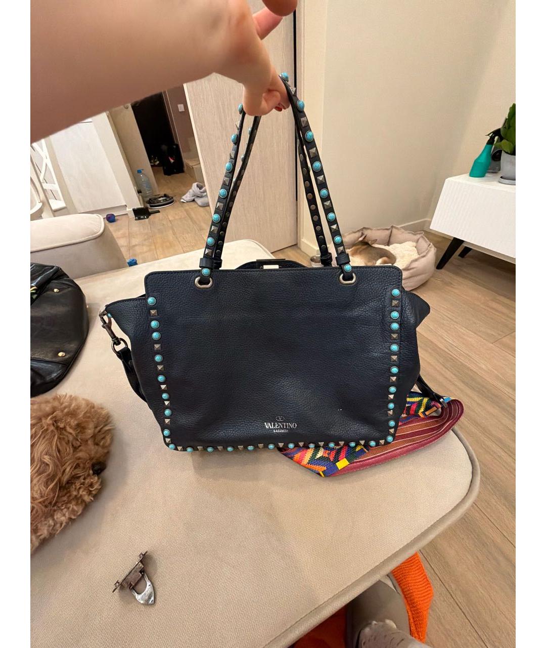 VALENTINO Темно-синяя кожаная сумка с короткими ручками, фото 3