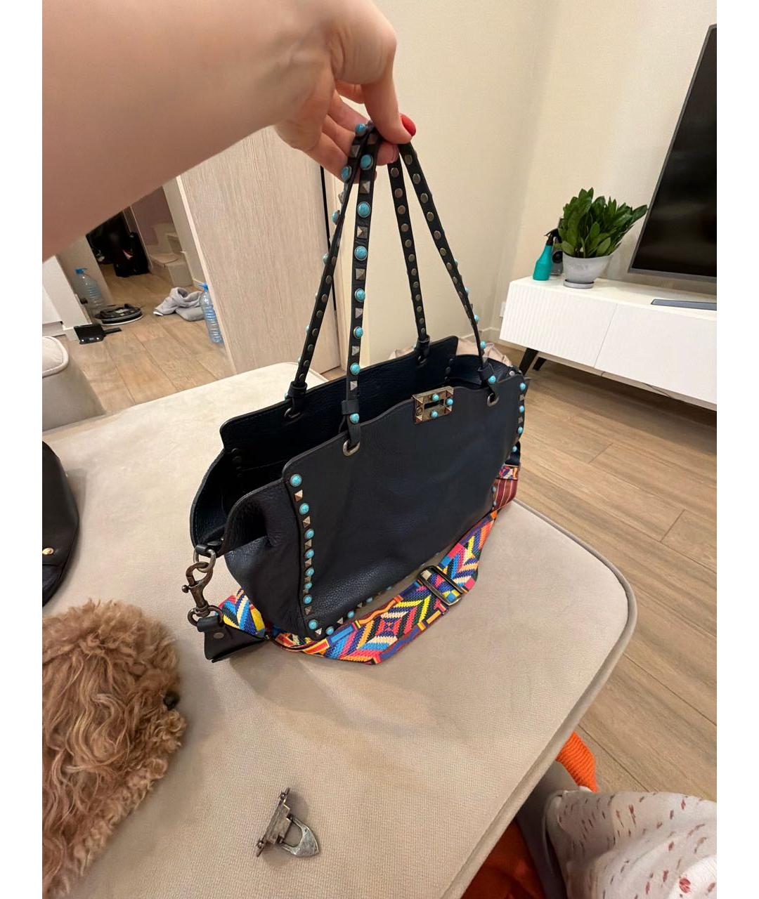 VALENTINO Темно-синяя кожаная сумка с короткими ручками, фото 2