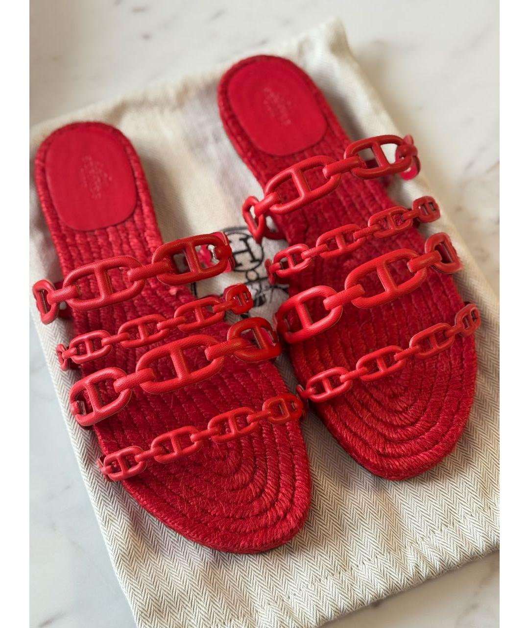 HERMES Красные кожаные шлепанцы, фото 3