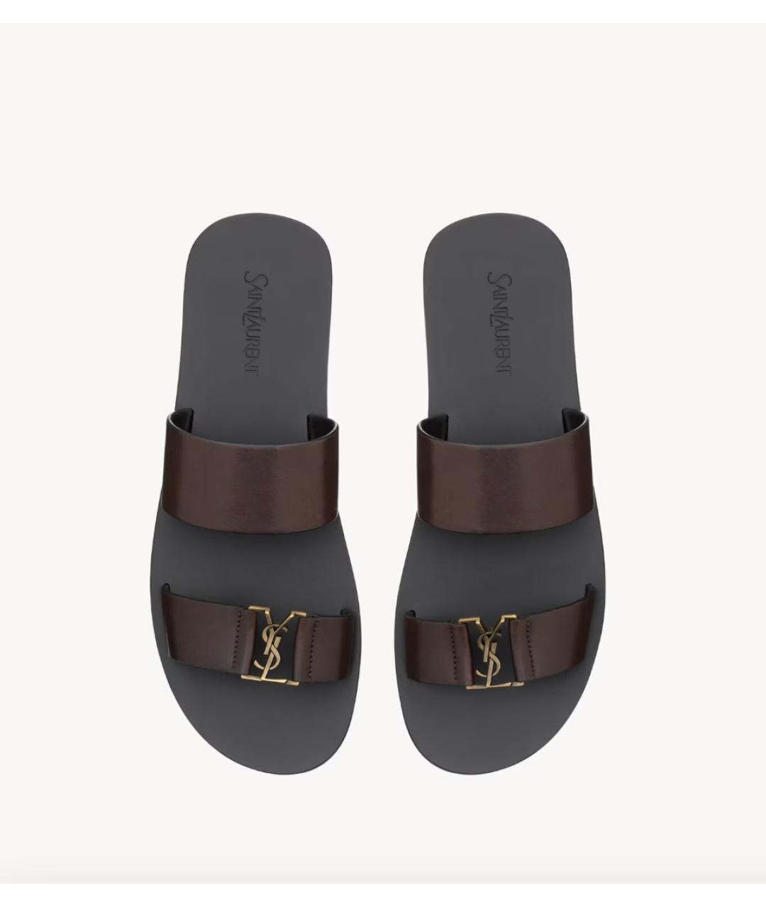 SAINT LAURENT Коричневые кожаные шлепанцы, фото 4